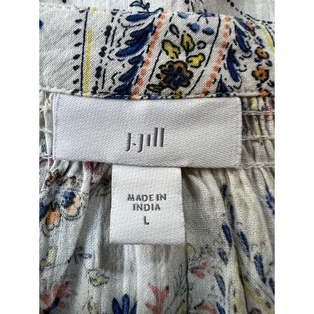 J. JILL TOP WOMENS LARGE 100% COTTON FLORAL POPOVER BLOUSE WHITE MULTI BOHO - Picture 4 of 12